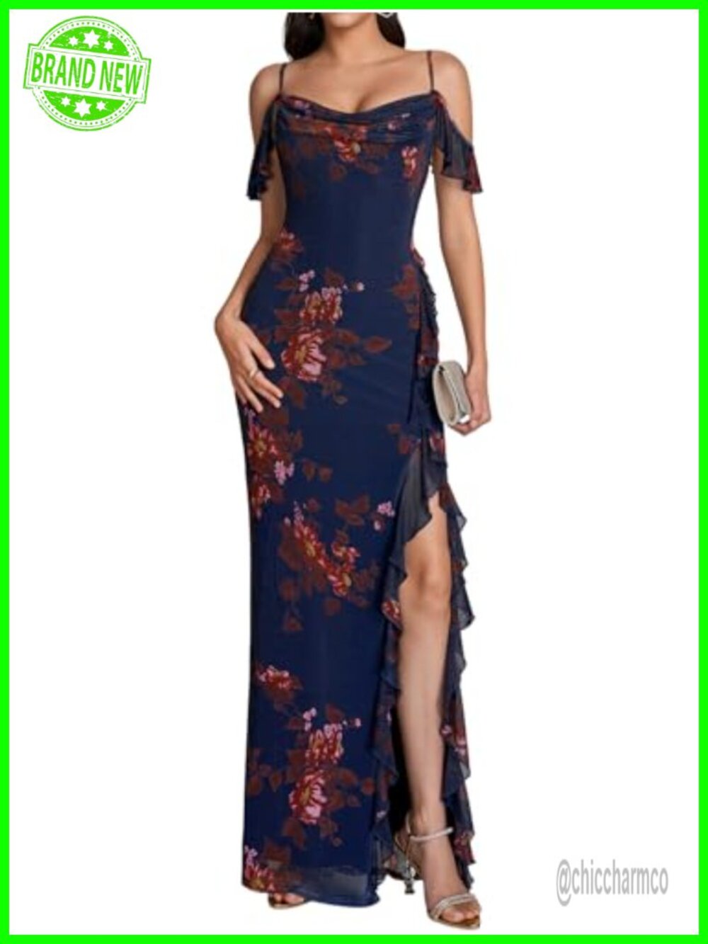 Womens Floral Bodycon Maxi Dress Stretch Mesh Ruffle Off Shoulder Formal